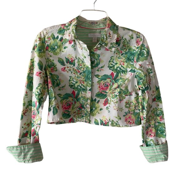 Cropped Flowered Button Up Medium Pet Charter Club Upcycled Tailored Pink Green - Picture 1 of 8